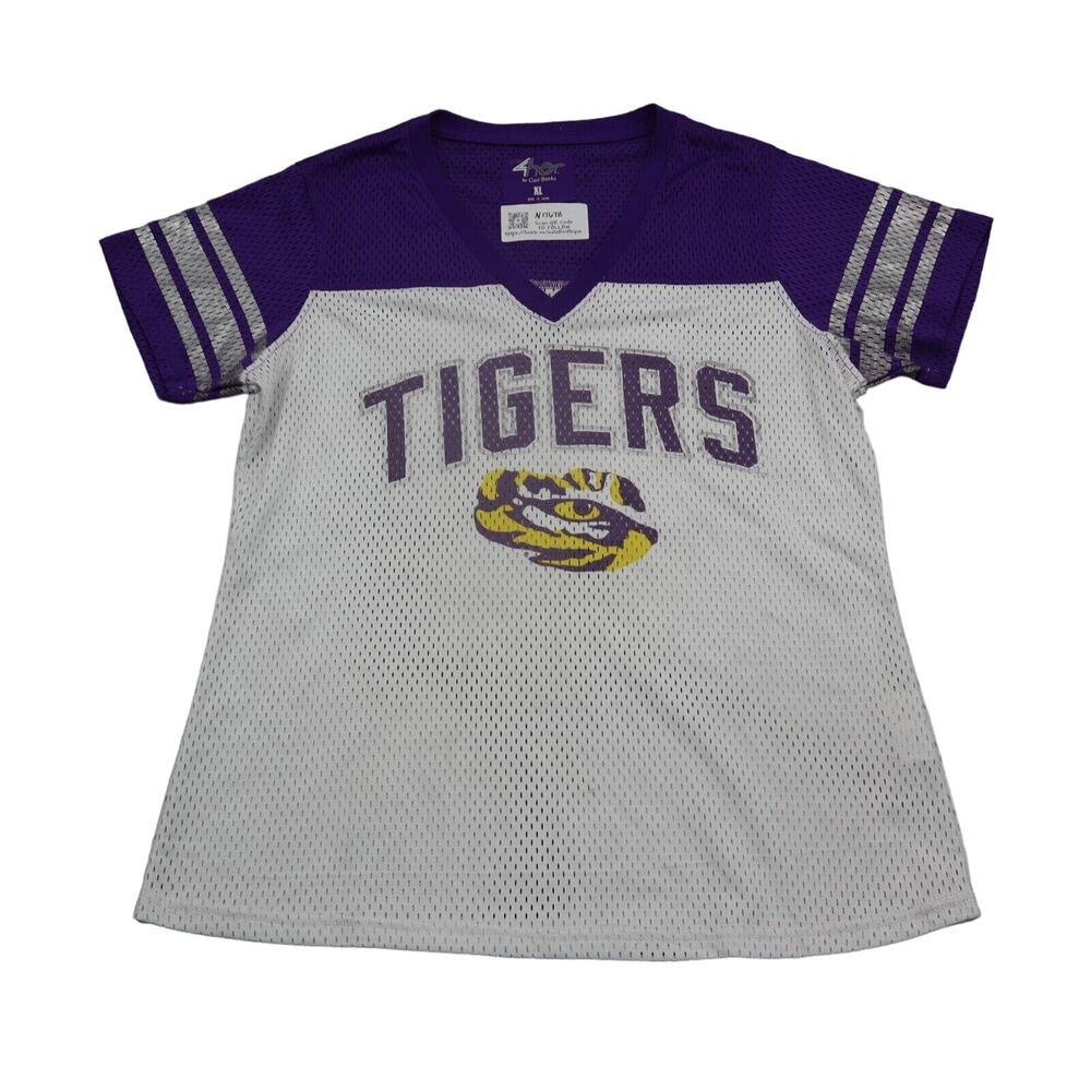 LSU Tiger Shirt Womens XL White GIII 4her by Carl Bank Short Sleeve VNeck Jersey